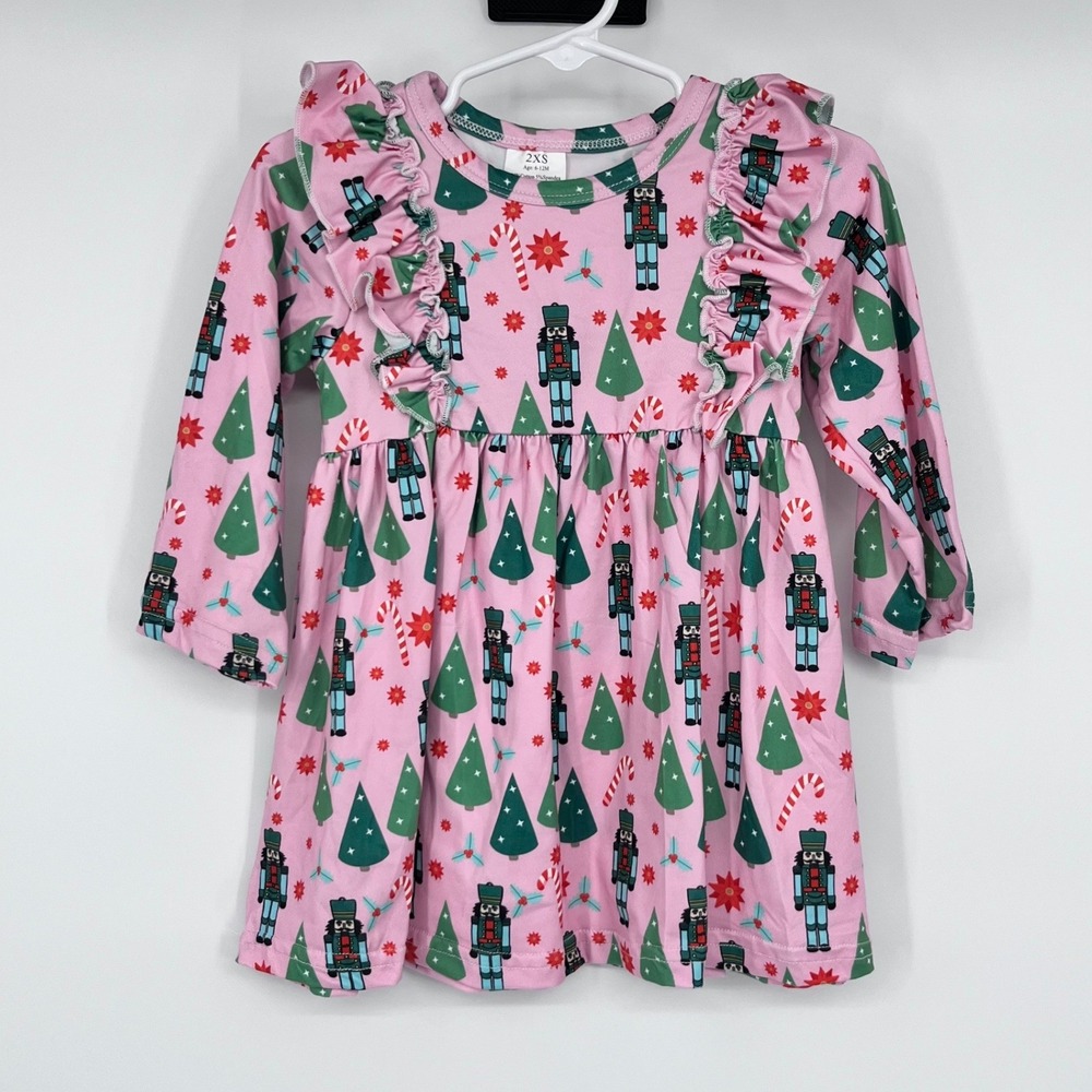 Nutcracker Christmas Dress Girls 6-12M Pink Ruffle Long Sleeve Holiday Festive